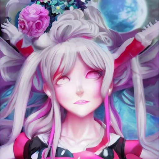 Image similar to trapped beneath stunningly absurdly beautiful omnipotent asi goddess junko enoshima with multiple twisted deceptive megalomaniacal mesmerizing personalities, symmetrical perfect face, porcelain skin, pink twintail hair and cyan eyes, ultra detailed, digital art, unreal engine 5, octane render, 2 d anime, 8 k