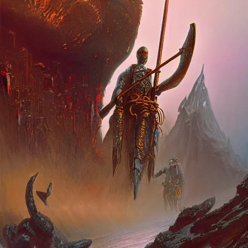 Image similar to fief of relentless autodidact menacing wage labour yoke, in the style of bruce pennington and jeff easley, 8 k resolution