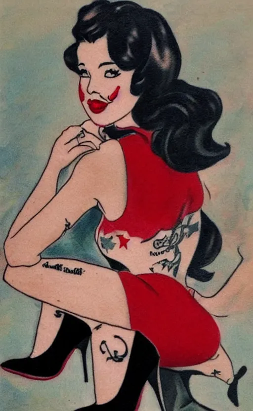 Prompt: traditional American tattoo of black haired pinup girl wearing heels, red lipstick