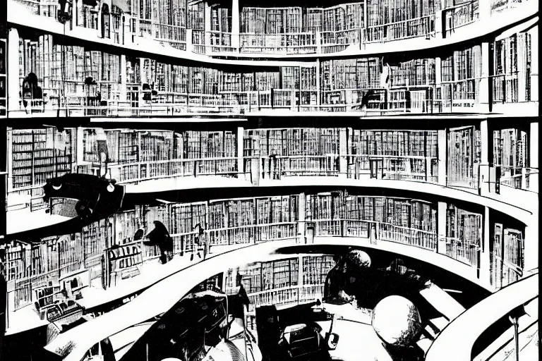 Prompt: 1 9 7 9 science fiction magazine depicting computer section of a library in neo - tokyo. in the style of bladerunner concept art by syd mead