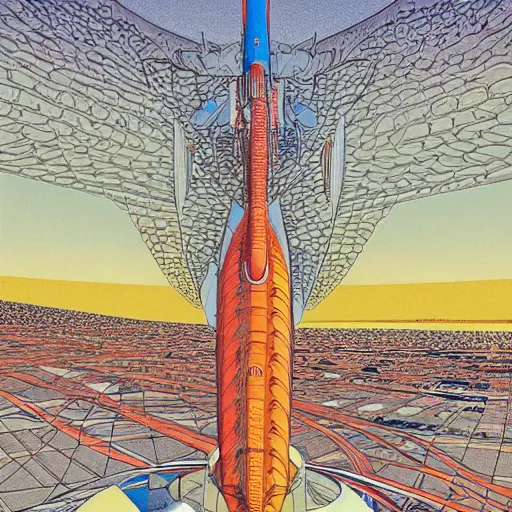 Image similar to A bird's-eye view futurism by jean giraud detailed illustration