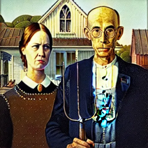 Prompt: A couple of astronauts in the setting of the painting American Gothic