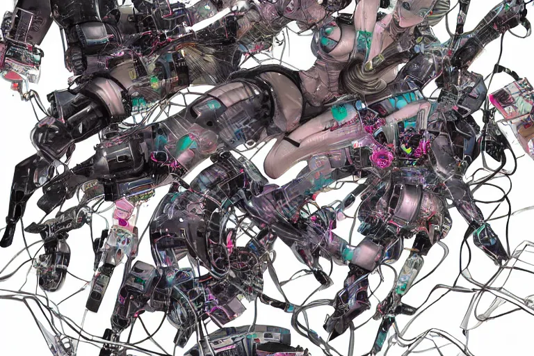 Image similar to a cyberpunk illustration of a group of female androids in style of masamune shirow, lying on an abstract, empty, white floor with their body parts scattered around in various poses and cables and wires coming out, by yukito kishiro and katsuhiro otomo, hyper-detailed, intricate, view from above