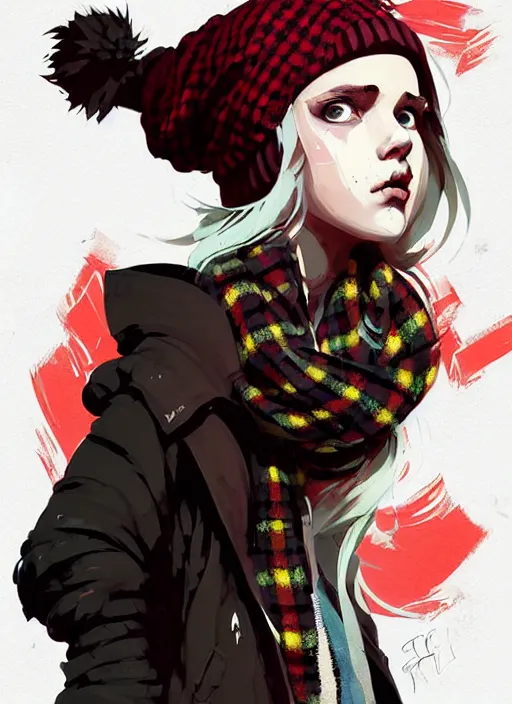 Image similar to highly detailed portrait of a sewer punk lady student, beanie, tartan scarf, wavy blonde hair by atey ghailan, by greg rutkowski, by greg tocchini, by james gilleard, by joe fenton, by kaethe butcher, gradient red, black, brown and cream color scheme, grunge aesthetic!!! white graffiti tag wall background