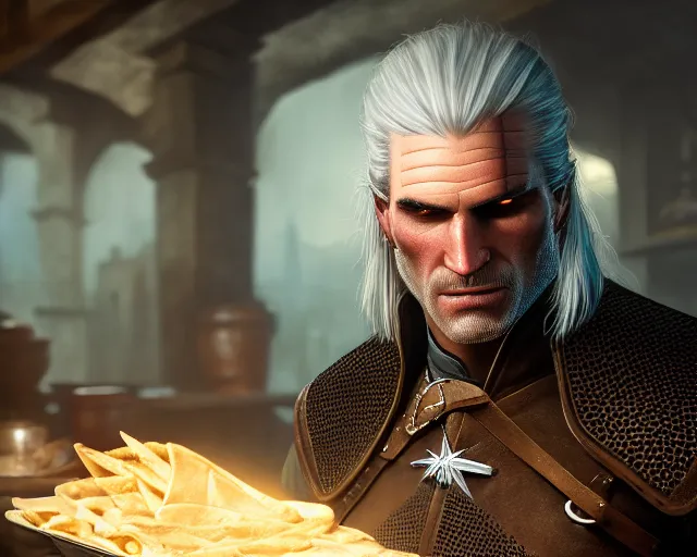 Image similar to 5 5 mm portrait photo of geralt of rivia serving shawarma, in kaer morhen. dark atmosphere. art by greg rutkowski. highly detailed 8 k. intricate. lifelike. soft light. nikon d 8 5 0.