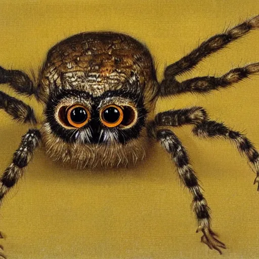 Prompt: jumping spider mixed with owl, hybrid creature, painting by Rembrandt, detailed