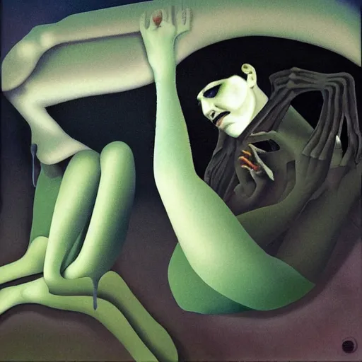 Image similar to death dreaming of being alive by karel thole and amanda clark in a surreal style, oil on canvas