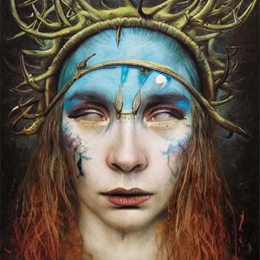 Image similar to A young female shaman blindfolded with a decorated headband like heilung, blue hair and antlers on her head, made by Esao Andrews and Karol Bak and Zdzislaw Beksinski