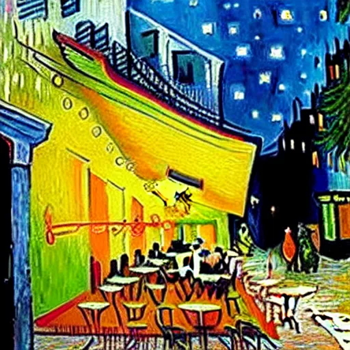 Image similar to Photo of Cafe Terrace at night by Vincent Van Gogh