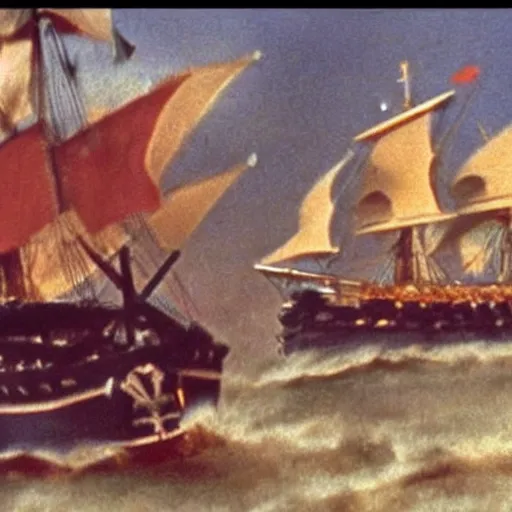 Prompt: super-8 footage of 18th century Trafalgar battle, award winning, real picture,