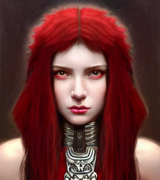 Image similar to portrait of teenage athena holding a dagger, long blood red hair, stern expression, wearing clothing of leather and fur, fringe, bone jewelry, intricate, elegant, leather jewelry, glowing lights, highly detailed, digital painting, artstation, concept art, smooth, sharp focus, illustration, art by wlop, mucha, artgerm, and greg rutkowski