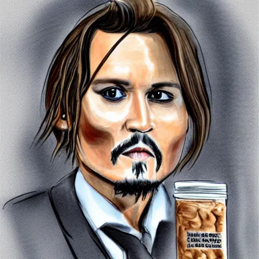 Prompt: Courtroom Sketch of Johnny Depp holding up a jar of brown blobs