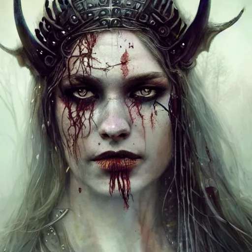 Prompt: Official photo of an attractive majestic fierce viking woman, leader, ethereal, fear, scarred, highly detailed, viking attire, cinematic, 16k, 1080s, by Stanley Artgermm, Tom Bagshaw, Greg Rutkowski, Vincent di Fate, Carne Griffiths, Ayami Kojima, WLOP, trending on DeviantArt, hyper detailed, full of color, digital art,