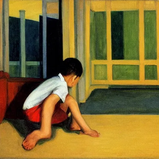 Prompt: a boy playing in a singaporean hdb flat, by edward hopper