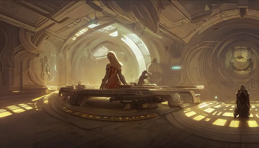 Image similar to a religious scifi room with a floating platform in the center, intricate digital painting artstation concept art smooth sharp focus illustration, art by artgerm and greg rutkowski and alphonse mucha