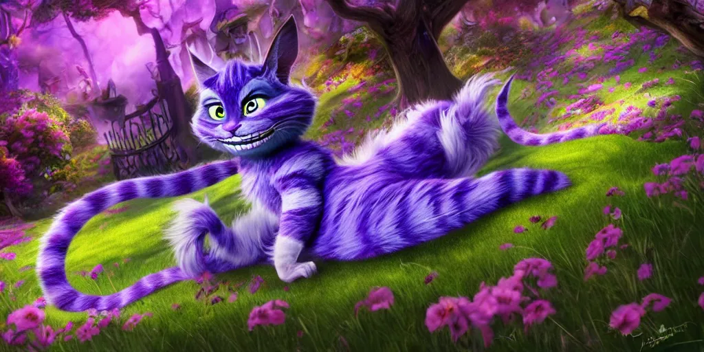 Image similar to The Cheshire Cat, Alice in wonderland, colorful, wide angle, super highly detailed, professional digital painting, artstation, concept art, smooth, sharp focus, no blur, no dof, extreme illustration, Unreal Engine 5, Photorealism, HD quality, 8k resolution, cinema 4d, 3D, beautiful, cinematic, art by artgerm and greg rutkowski and alphonse mucha and loish and WLOP