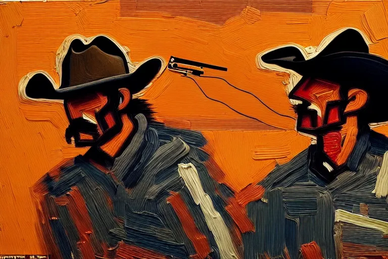 Image similar to an extremely detailed masterpiece painting of a cowboy gunslinger facing off a professional gunslinger from a low angle in tucson, in the style of frank auerbach, epic scene, tensive mood