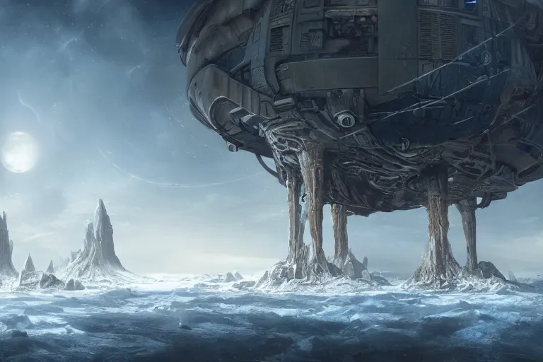 Image similar to epic concept art matte painting by weta digital, towering abandoned alien superstructure, frozen exoplanet with two moons, george lucas, mohrbacher, cgisociety