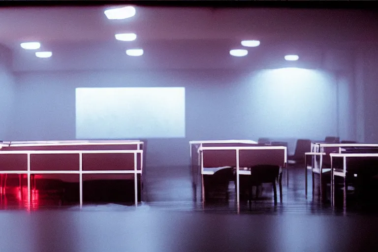 Prompt: a dark conference room, half full, atmospheric and obscure, red neon light, by roger deakins, cinematography, syd mead