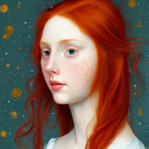 Prompt: portrait of a red haired girl, long hair, green eyes, hint of freckles, beautiful round face, soft amazed smiles, among golden fireflies, highly detailed, deep focus, elegant, digital painting, smooth, sharp focus, golden ratio, illustration, ultra realistic, 8 k, art by artemisia lomi gentileschi