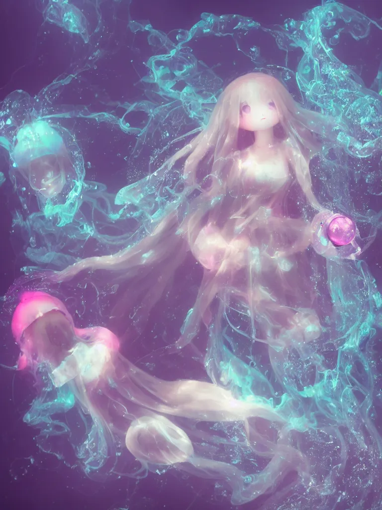 Image similar to cute fumo plush of an otherworldly translucent jellyfish goth girl floating in the deep sea, mysterious tattered maiden tendrils and dress, anime, heavy rain reflective water surface, glowing lens flare wraith girl, wisps of volumetric fog and smoke in refracted vortices, vignette, bokeh, vray