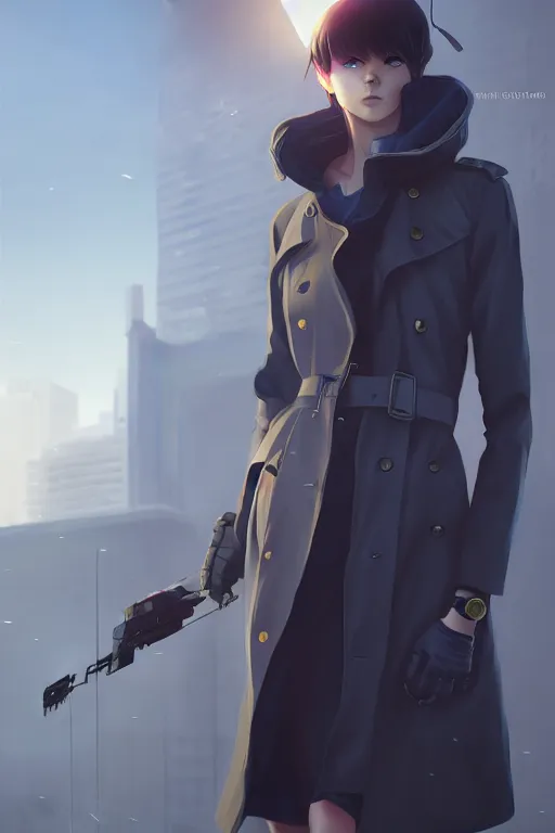 Prompt: realistic render of a cyborg - girl wearing a long trench coat by wlop, futuristic dystopian city by ilya kuvshinov, digital anime art by ross tran, composition by sana takeda, lighting by greg rutkowski