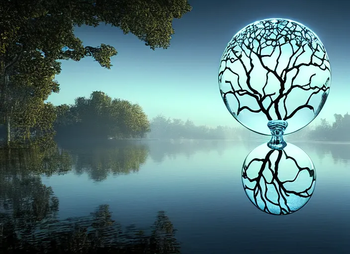 Image similar to glowing transparent crystal ball on a beautiful lake, radiant light, tree of life inside the ball, intricate details, reflections on the water, ripples, moody sky, hyperdetailed illustration by mark brooks, by yuumei, unreal engine 5, low light, rule of thirds