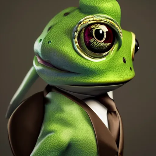 Image similar to an anthropomorphic frog wearing a suit, extremely detailed, detailed face, cinematic lighting, trending on artstation