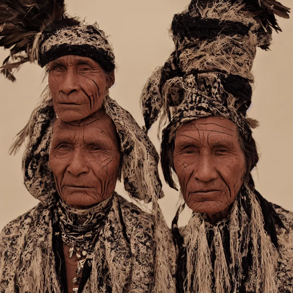 Prompt: a film still of an old indigenous tattooed man wearing black scarf a color rays helmet mask in porcelain sand dunes feature in vogue and gq editorial fashion photography beautiful eyes, close up shot, haute couture stares at the camera, cannon ef 1 0 5 mm f / 2. 8 in the grand budapest hotel, stars, bruce gilden