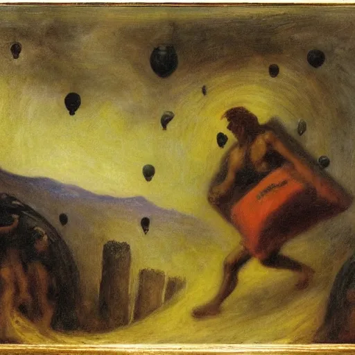 Image similar to Benjamin Netanyahu carrying sacks of money up an obsidian mountain in hell, dark sky, storm, by Franz Stuck