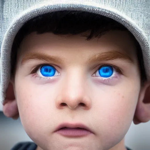 Prompt: a detailed portrait of a boy with light blue eyeswearing a black cap, realistic and detailed eyes, intricate photo, incredibly highly detailed and realistic, 8 k, sharp focus