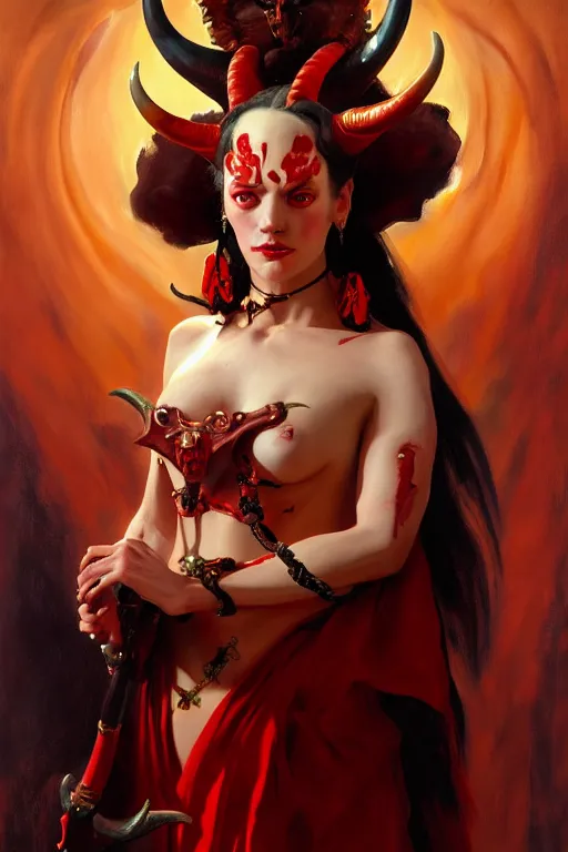 Image similar to painted close - up portrait of a attractive red - skinned intimidating demon girl with ram horns! oil painting, wearing a noblewoman's outfit, fantasy art by john singer sargent and gaston bussiere, and guillermo del toro and tyler edlin, demon noble character design, hd