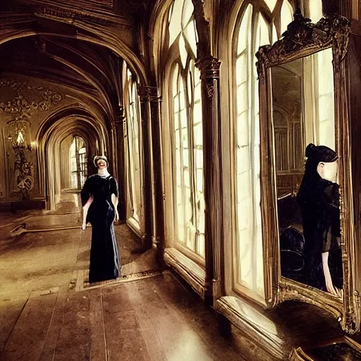 Image similar to a beautiful victorian woman is frightened by her doppleganger in a mirror. she is in a long hallway of mirrors. victorian interior, with many mirrors, elegant design, haunting atmosphere, dimly lit, gothic, horror style, by greg rutkowski, realistic, low angle, 3 / 4 view.