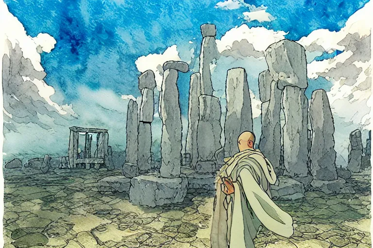 Image similar to a hyperrealist studio ghibli watercolor fantasy concept art. in the foreground is a giant monk in a grey robe lifting a stone. in the background is stonehenge. the scene is underwater on the sea floor. by rebecca guay, michael kaluta, charles vess