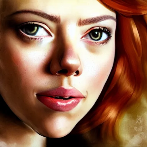 Image similar to portrait of scarlett johansson or emma stone by greg ruthkowski