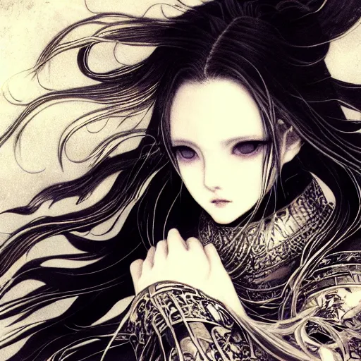 Image similar to yoshitaka amano blurred and dreamy illustration of an anime girl with black eyes, wavy white hair fluttering in the wind wearing elden ring armor and engraving, abstract black and white patterns on the background, noisy film grain effect, highly detailed, renaissance oil painting, weird portrait angle, blurred lost edges, three quarter view