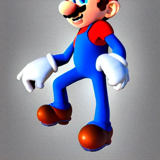 Image similar to a 3 d render of mario wearing a sonic suit, blue spiky hair