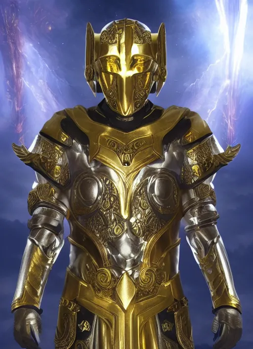 Prompt: Hero with a golden mask, glowing halo above his head, the halo is illuminating his body, fantasy paladin, intricate legendary armor, located in a castle, morning sunlight through the window, decorated, high quality, highly detailed, 4k