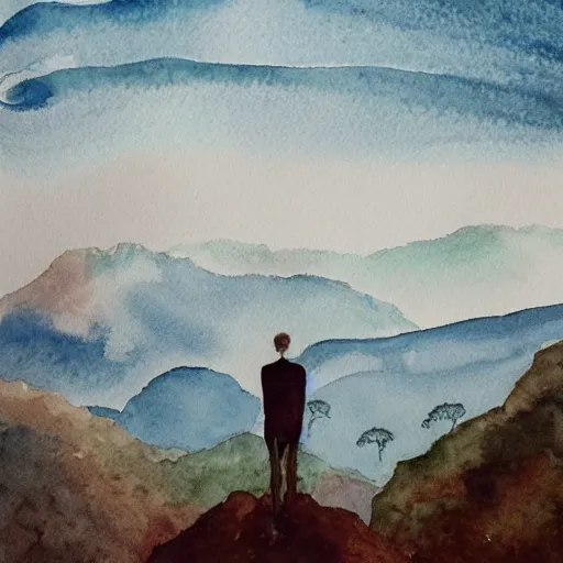 Image similar to sad man, watercolor, epic scenery, sad, depression