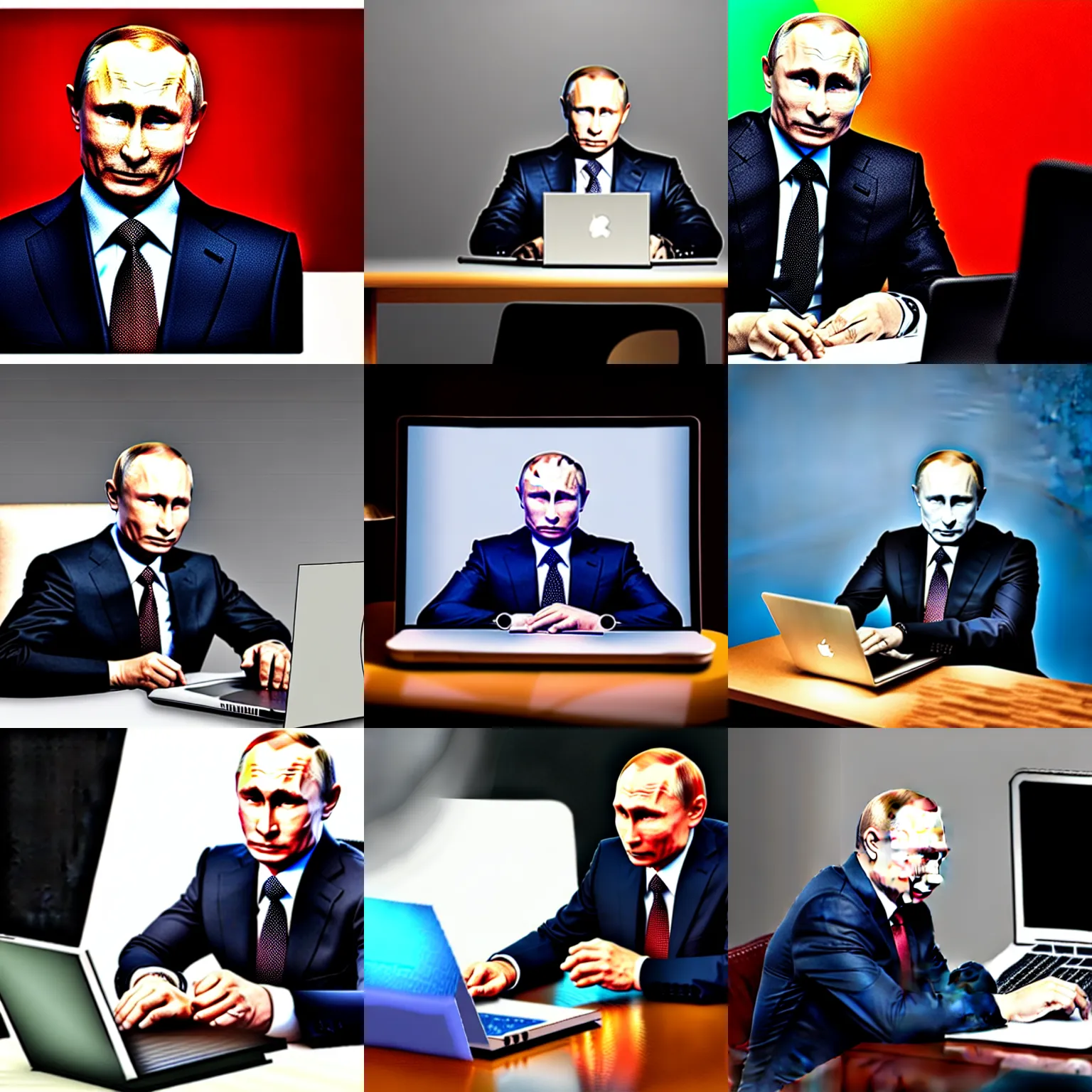 Image similar to photograph of putin using laptop, color, studio lighting