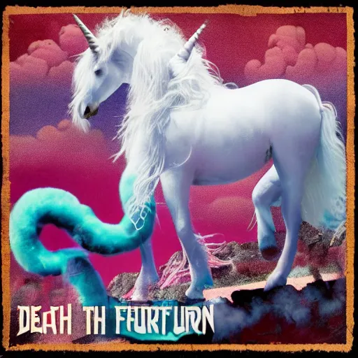 Prompt: death metal album cover featuring fluffy unicorns and cotton candy