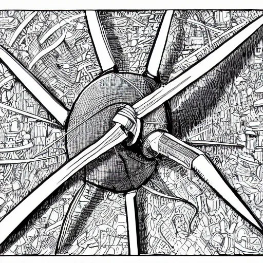 Image similar to hyper detailed comic illustration of a wind turbine blueprint, black ball pen on white paper, by Josan Gonzalez and Geof Darrow, simplistic