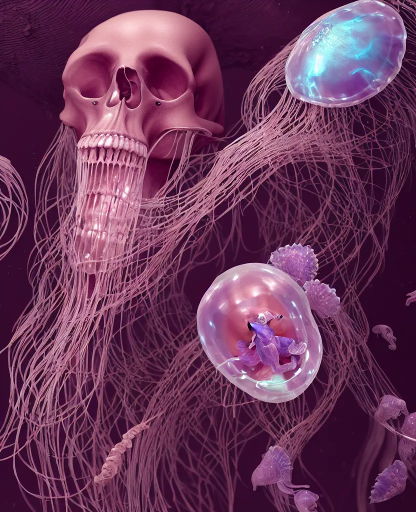 Image similar to goddess close - up portrait human skeleton, ram skull, jellyfish, orchid, betta fish, bioluminiscent, intricate artwork by tooth wu and wlop and beeple. octane render, trending on artstation, greg rutkowski very coherent symmetrical artwork. cinematic, hyper realism, high detail, octane render, 8 k