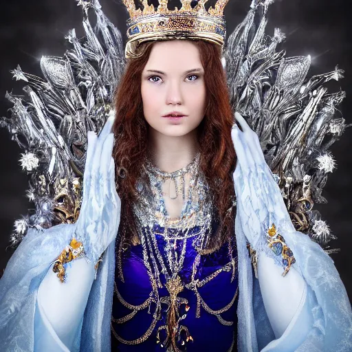 Image similar to beautiful ice queen with ornate cloak and crown, highly detailed, 4k, HDR, smooth, sharp focus, hyper realistic, high resolution, award-winning photo