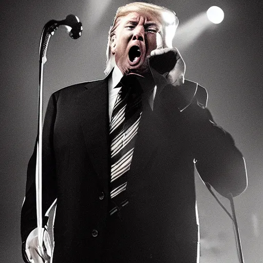 Image similar to donald trump on stage as the lead vocalist in a black metal band