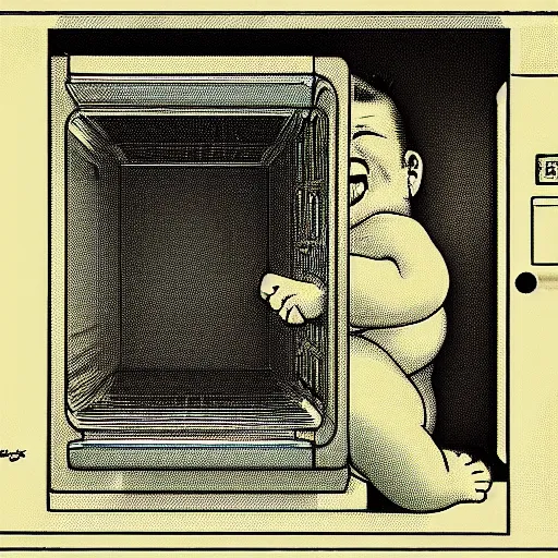 Prompt: photograph of a sumo wrestler trapped inside of a microwave