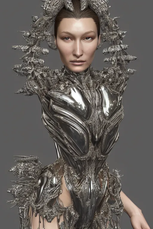 Image similar to a highly detailed medium shot 4 k render of an alien goddess bella hadid in iris van herpen dress schiaparelli armor in diamonds and lots of jewelry in style of alphonse mucha trending on artstation made in unreal engine 4