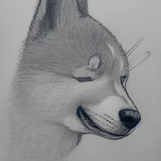 Prompt: pencil sketch of a shiba inu smoking a cigarette, sad expression