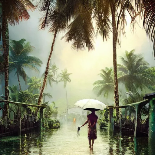 Image similar to monsoon on tropical island, ornate, beautiful, atmosphere, vibe, mist, coconuts, rain, wet, pristine, puddles, melting, dripping, snow, creek, lush, ice, bridge, forest, roses, flowers, by stanley artgerm lau, greg rutkowski, contest winner, trending on artstation