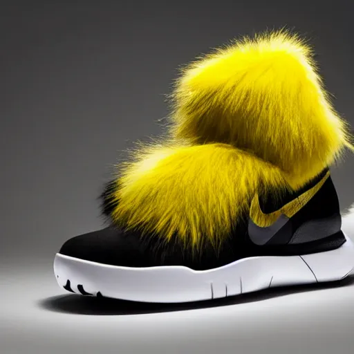 Image similar to nike model shoe made of very fluffy yellow and black faux fur placed on reflective surface, pikachu colors professional advertising, overhead lighting, heavy detail, realistic by nate vanhook, mark miner